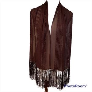 TANNER SCARF BROWN SILK SHEER RIBBED TEXTURE FRINGE LONG RECTANGLE ACCESSORY